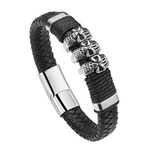 Customization fashion jewelry black leather bracelet magnetic stainless steel bracelet