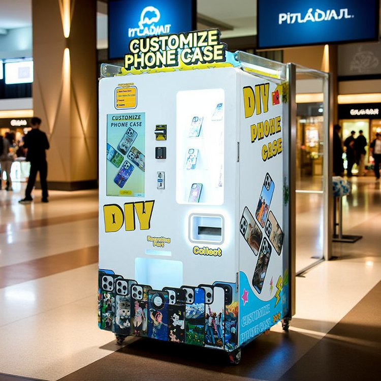 China Máquina expendedora de impresión de carcasas de teléfono compacta de 1500 mm x 800 mm x 600 mm con pantalla Wave Crystal de 27 pulgadas/32 pulgadas y hasta 20 carcasas por hora supplier