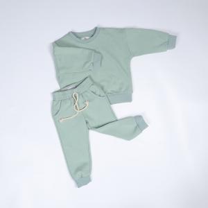 Green Plain Pullover Sweatshirt 300gsm Classic Sweat Pants Set With Fleece Fabric