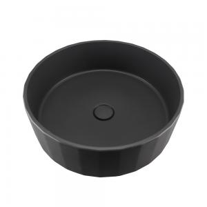 Black Round Concrete Wash Basin With No Faucet Holes And Pop Up Drain