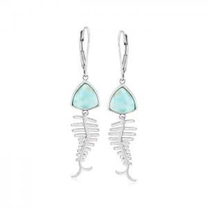 Larimar Fish Bone Drop Unique Gems Earrings in Sterling Silver