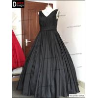 Real Custom Made V Neck Long Sleeve Floor Length Puffy Black Evening Dress For Fat Women