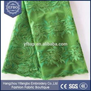 China Green embroidery lace in switzerland / african lace and tulle fabric with rhinestones supplier