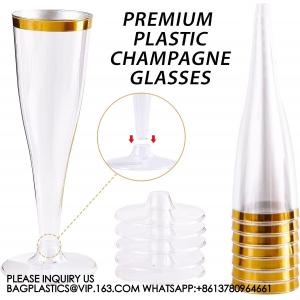 Plastic Champagne Flutes, 4.5 Oz Gold Rim Glasses, Disposable Clear Toasting Glasses Recyclable Cups For Wedding Party
