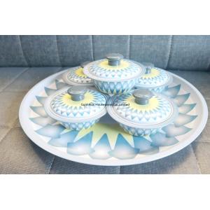 China 45cm Set of five spun stainless steel bowl and tray blue color kitchen serving bowl set with round tray supplier
