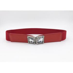 Red Color Women'S Elastic Stretch Belts With Square Crystal Rhinetone Buckle