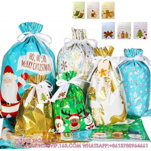 Package Holiday Drawstring Gift Bags With Tags, Christmas Foil Gift Wrapping Sacks Pouches For Xmas Presents Party