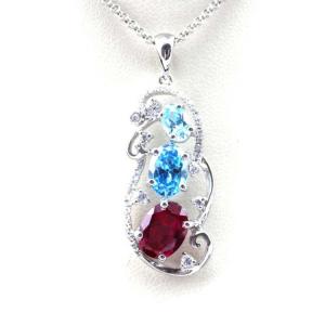 925 Silver Jewelry Oval Mix Blue Red Cubic Zircon Three Stones Pendant Necklace  (PSJ0378)