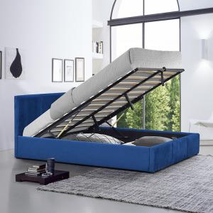Blue Velvet Upholstered Gas Lift Storage Bed King Size Plywood Material