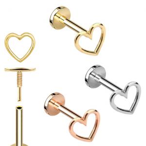 14K Gold Outlined Heart Ear Piercing Jewelry Threaded Flat Back Stud