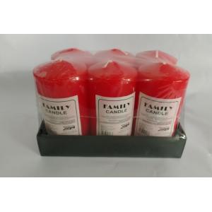6pcs red pillar candle,each sticked by printed label,then packed in prined tray to shrinked for whole package