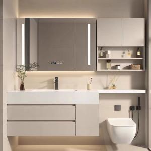 Cream Butter Style Mirrored Bathroom Vanity Cabinet With Seamless Splicing Basin