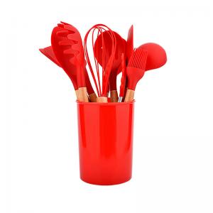 Food Grade Silicone Kitchen Cookware Accessories Cooking Utensils Set With Natural Handles