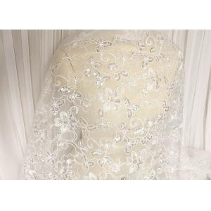 China White Floral Embroidery Corded Lace Fabric With Beads And Sequins For Wedding Dress supplier