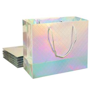 China Custom Logo Printed Wholesale Retail Rainbow Iridescent Fancy Holographic Hologram Paper Gift Bags supplier