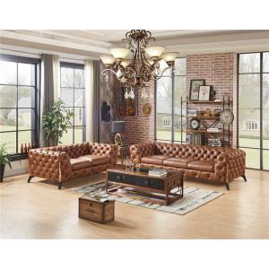 China Home Furniture Tan Brown Soft Genuine Leather Sofa Set With Multi Deep Buttons supplier