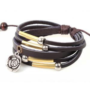 Metal rose charm multi strands leather bracelet for men and women