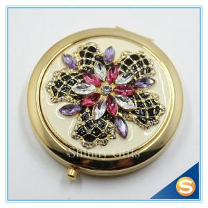 Shinny Gifts Luxury Rhinestone Flower Design Metal Compact Mirror Small Makeup Mirror For Girls Gift