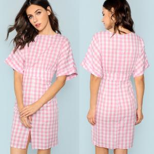 China Fall Apparel For Women Rolled Up Sleeve Wide Waistband Plaid Dress supplier