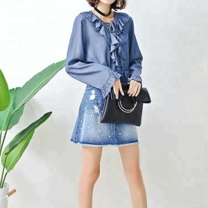 China Fashion Ruffle Tie Denim Blouses And Tops , Women's Denim Shirts Long Sleeve supplier