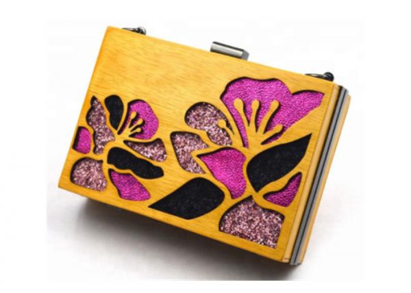 Gold Color Wooden Evening Clutch Bags / Handbag For Women With Flower
