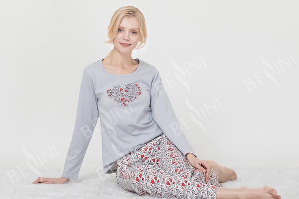 Lightweight Grey Womens Pyjama Sets Round Neck Long Sleeve Top / Printed Long