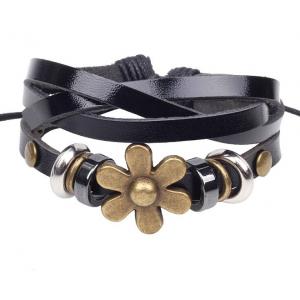 Black twisted leather brass flower charm bracelets, strands leather bracelets