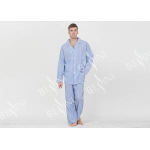 China Blue Striped Style Mens Luxury Sleepwear / Mens Long Sleeve Pjs Fashion Design supplier