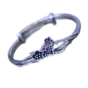 Sterling Silver Bangle Cuff Bracelet Engraved Flower Vintage Jewelry (049093W)