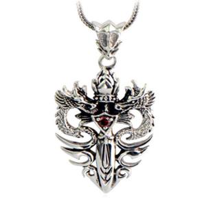 Men Sterling Silver Wheat Chain Necklace with Silver Double Dragon Dagger Amulet (N06030812-L)