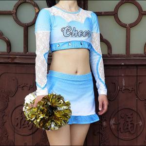 Cool Custom Crystal Soft Cheerleader Costume Uniforms With Mesh And Lace Fabric