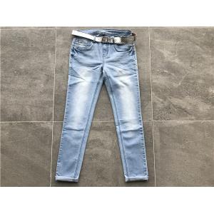 China Milk / Light Blue Ladies Stretch Denim Jeans , Belted Skinny Jeans TW72964 supplier