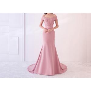 China Off Shoulder Pink Mermaid Bridesmaid Dresses Lace Beading Elastic Sweep Train supplier