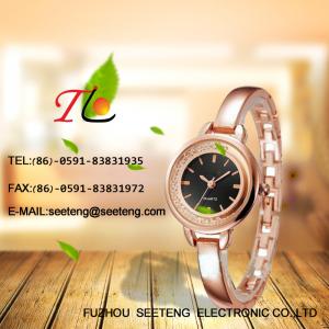 Ladies watch with golden metal band bracelet buckle and double circle case black color dial