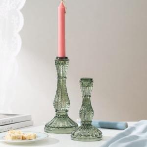 Green Color Glass Candle Holder Taper Candlestick Machine Made