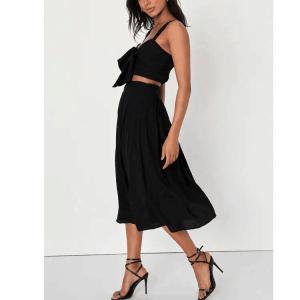 China                  Crinkle Woven Rayon Black Sleeveless Tie-Front Two-Piece Dress Smocked Crop Tank Top and High Waist Long Skirts Suits              supplier