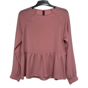 autumn season Pleated Bottom Long Sleeve Round Collar Blouse Rose Color Polyester Fabric blouse