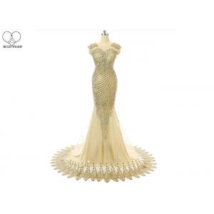 China Sleeveless Gold Long Tail Gown Lace Front Back Embroidery Beading Side Zipper supplier