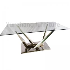 China Silver Color Luxury Modern Dining Tables Glossy Tempered Glass Sophisticated Dining Table supplier