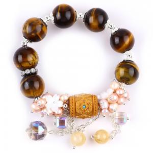 China Natural 14MM Gorgeous Tiger Eye And Flower Fresh Water Pearl With Dangle Chain Bead Bracelet supplier