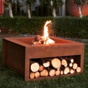 Backyard Rust Finish Wood Burning Corten Steel Cube Fire Pit With Wood Storage