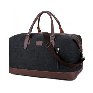 Large Capacity Travel Duffel Bag Leather Black Canvas Shoulder Crossbody Weekend