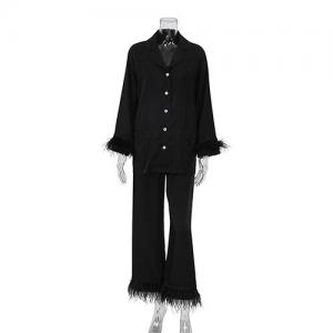 OEM maufactory  Autumn Long Sleeved Ostrich Hair Pajamas Cotton Silk Trousers Suits Outside Wearing