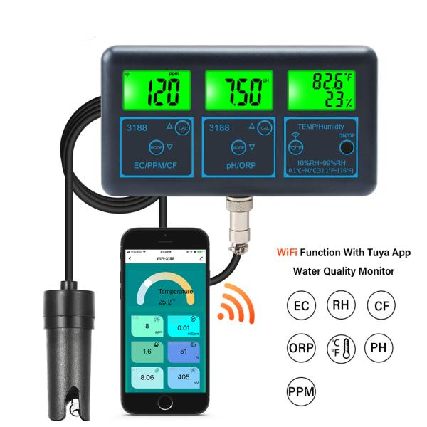 WiFi Tuya App Digital Multi-Function PH Meter 7-in-1 PH EC ORP TDS RH% CF Temperature  Online Tester Water Quality Analyzer