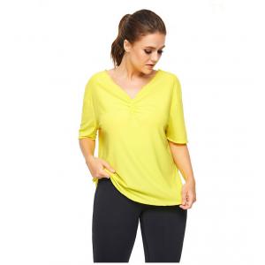 Richee Yellow Side Slit Plus Size V Neck T Shirts Womens Yoga Tees Short Sleeve