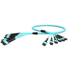China OEM ODM OM3 12 Core PVC Fiber Optic Cable MPO To MPO Male Aqua Fan Out supplier