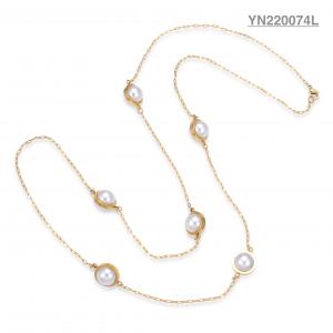 CE Ladies Stainless Steel Layered Necklace Pearl Inlay Long Pendant Necklace