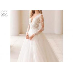 Simple Elegant Deep V Neck Wedding Gown Long Sleeve Backless Tulle Big Tail