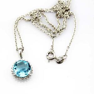 China Sterling Silver Cable Chain 10mm Blue Topaz Cubic Zircon Pendant Necklace (PSJ036) supplier