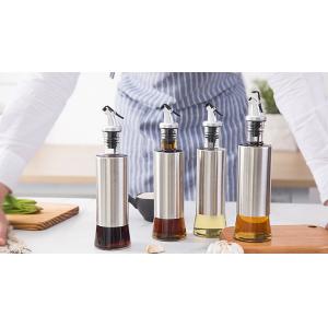 Metal Casing Glass Oil Bottles With Pourer / Stainless Steel Glass Vinegar Bottle